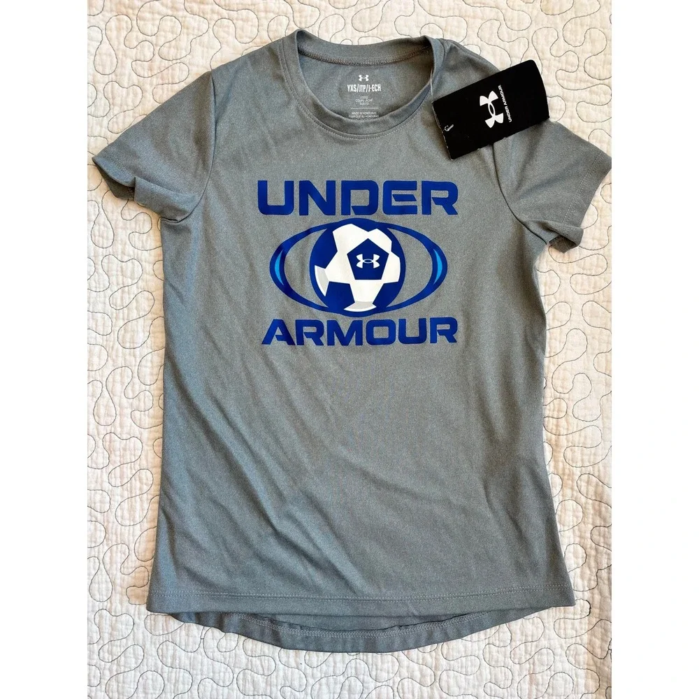Under Armour Girl's Soccer Graphic Tee Gray Blue‎ Performance Size XS  #107